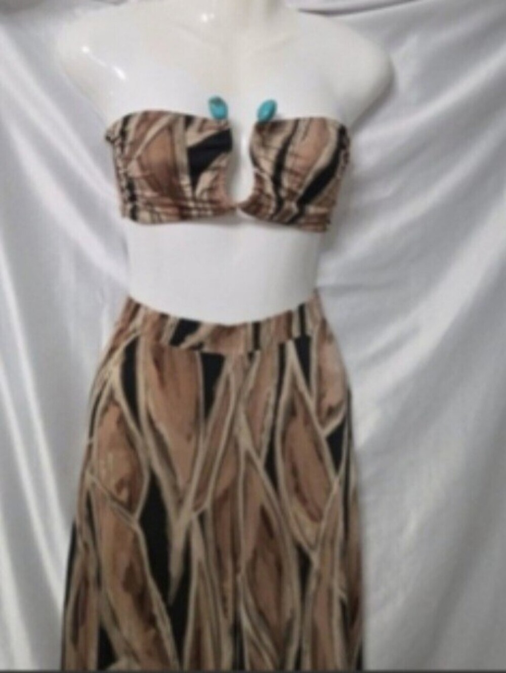 Women's Two-Piece Jumpsuit Set XS Beige Black Abstract Print - Picture 2 of 6